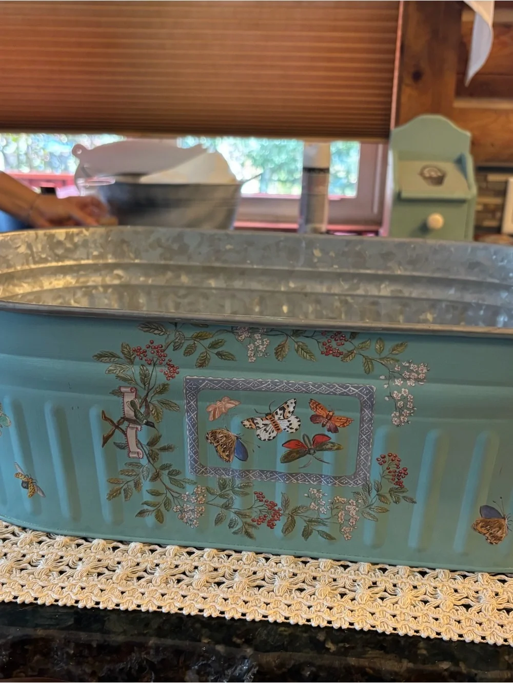 Decorative Turquoise Butterfly Floral Metal Tub by